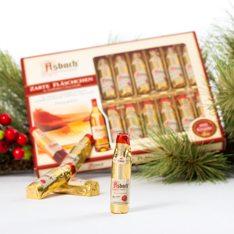 Asbach German Brandy Bottles in Dark Chocolate 20-piece gift box with liquor-filled chocolates imported from Germany.