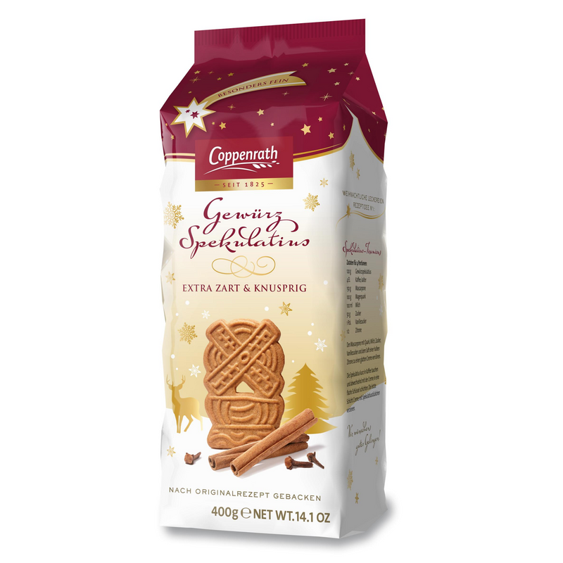 Coppenrath German Spekulatius spiced cookies (also known as Speculatius or Speculoos) in a 400 g package imported from Germany.