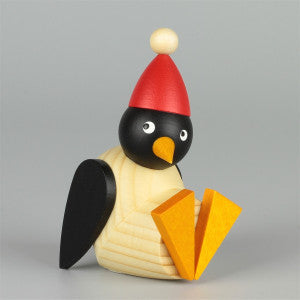 Gingerbread World Drechslerei Martins German Handcrafted Wood Penguin Figures - Small Sitting with Santa Hat - 632-3