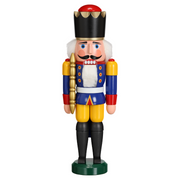 Handcrafted Seiffener Volkskunst Blue King German nutcracker with a golden crown, royal sceptre and faux fur beard, 29 cm.
