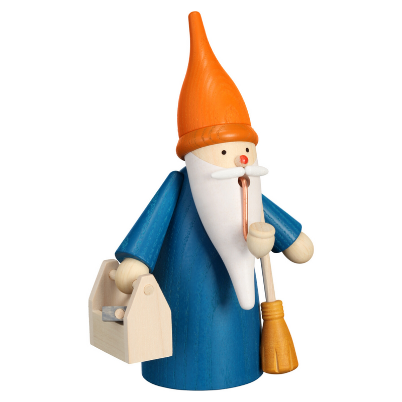 Handcrafted Seiffener Volkskunst Handyman Gnome incense smoker with a brown hat, blue coat, miniature toolbox and broom, made in Seiffen, Germany.
