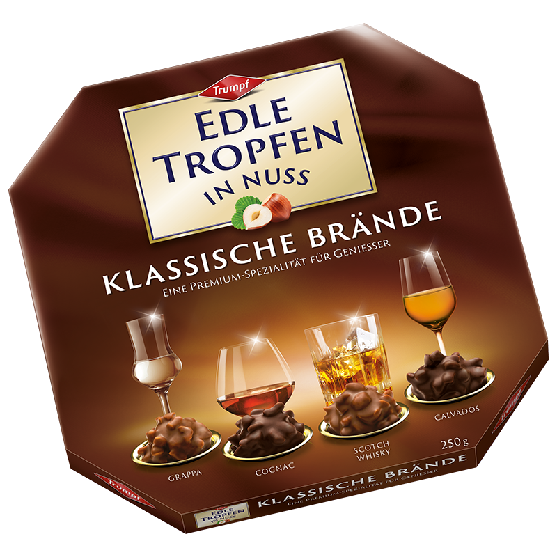 Trumpf Edle Tropfen Classic Brandies German liqueur chocolates with Cognac, Grappa, Calvados and Scotch Whisky fillings.