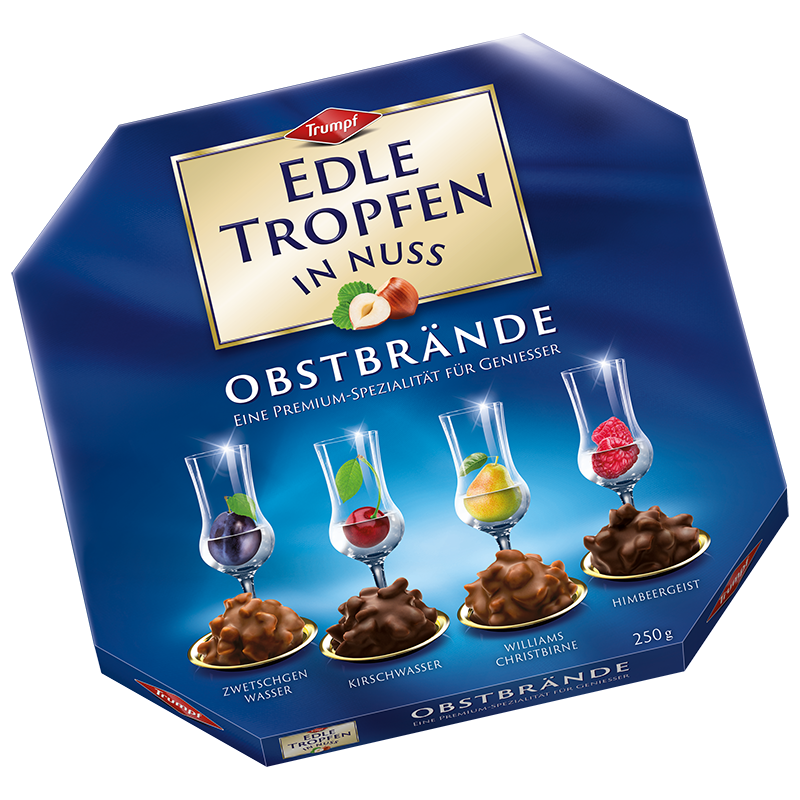 Trumpf Edle Tropfen Fruit Brandies German liqueur chocolates with Plum, Cherry, Williams Pear and Raspberry Brandy fillings.