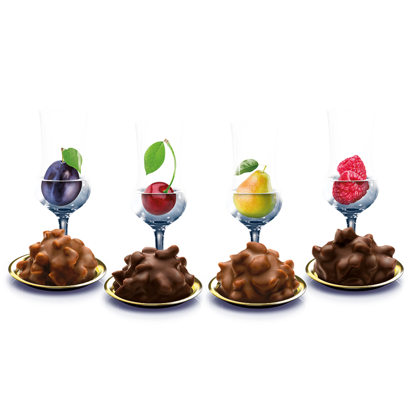 Trumpf Edle Tropfen Fruit Brandies German liqueur chocolates with Plum, Cherry, Williams Pear and Raspberry Brandy fillings.
