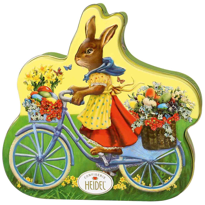 Gingerbread World European Easter Market - Confiserie Heidel Decorative Tin of Chocolate with East Bunny on Bicycle
