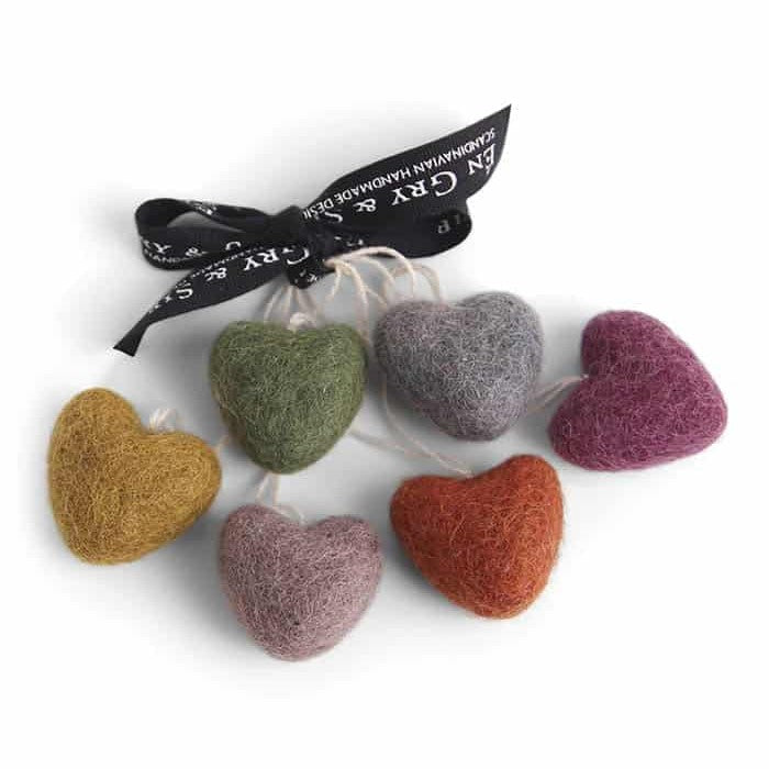 Gingerbread World European Market - Gry and Sif Felted Wool Ornaments - Heart Ornaments for Hanging Set of 6 12821