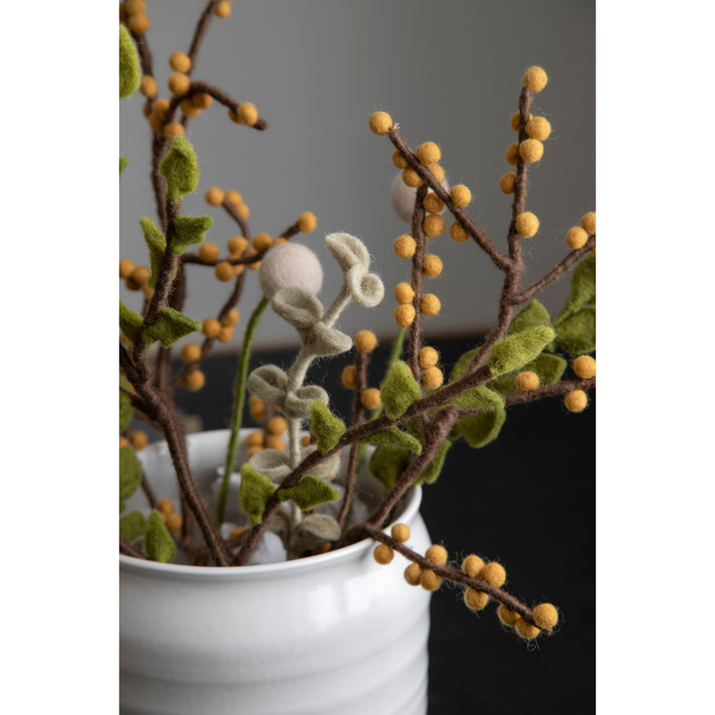 Gingerbread World European Market - Gry and Sif Felted Wool Berry Branch - Yellow Berries on Brown Branch 17921