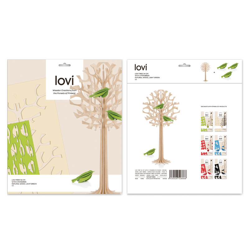 Gingerbread World European Market - Lovi Wooden Creations from the Forests of Finland - 3D wooden Tree with light Green Mini Birds 34 cm - outer packaging