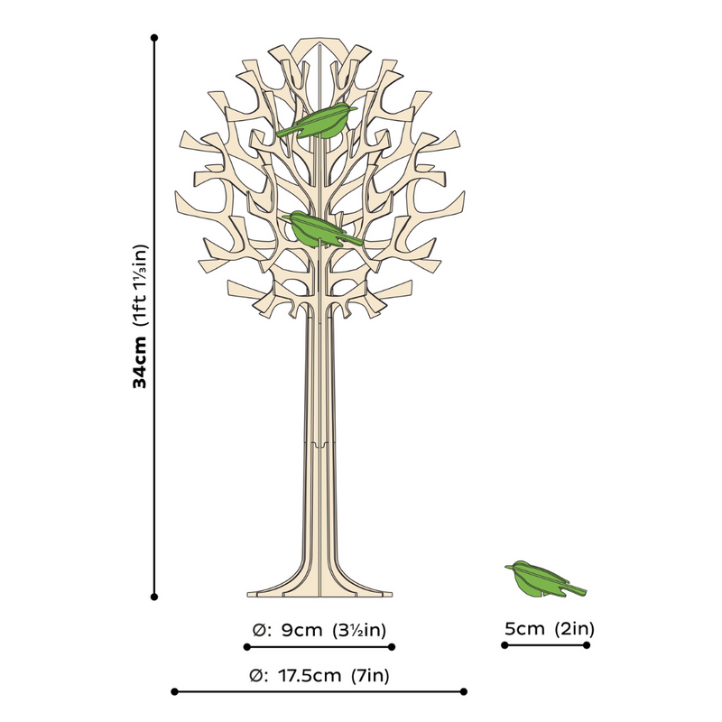 Gingerbread World European Market - Lovi Wooden Creations from the Forests of Finland - 3D wooden Tree with light Green Mini Birds 34 cm - size chart