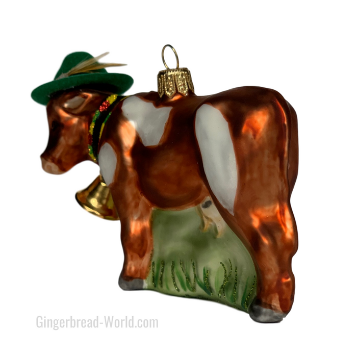 Gingerbread World European Ware Haus - Hanco Glass Ornament Cow with Bavarian Hat H284701