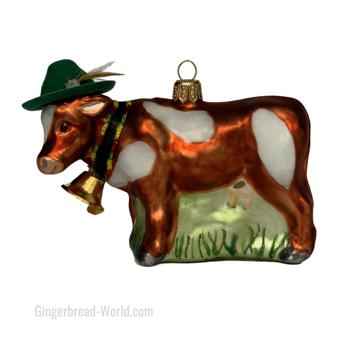 Gingerbread World European Ware Haus - Hanco Glass Ornament Cow with Bavarian Hat H284701