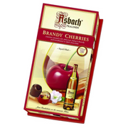 Asbach German Brandy Cherries in Dark Chocolate gift box with 16 liquor-filled chocolate cherries imported from Germany.
