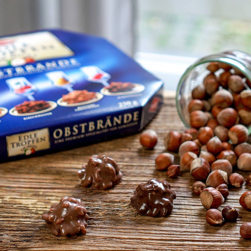 Trumpf Edle Tropfen Fruit Brandies German liqueur chocolates with Plum, Cherry, Williams Pear and Raspberry Brandy fillings.