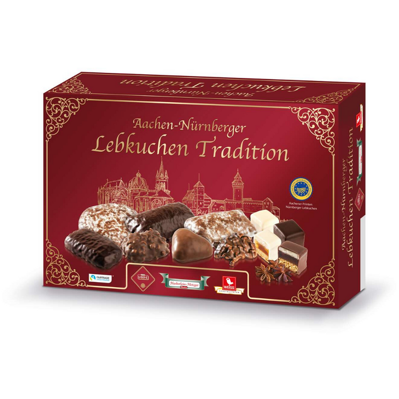 Lambertz Lebkuchen Traditional Assortment gift box with 22 authentic German Christmas cookies and pastries imported from Germany.