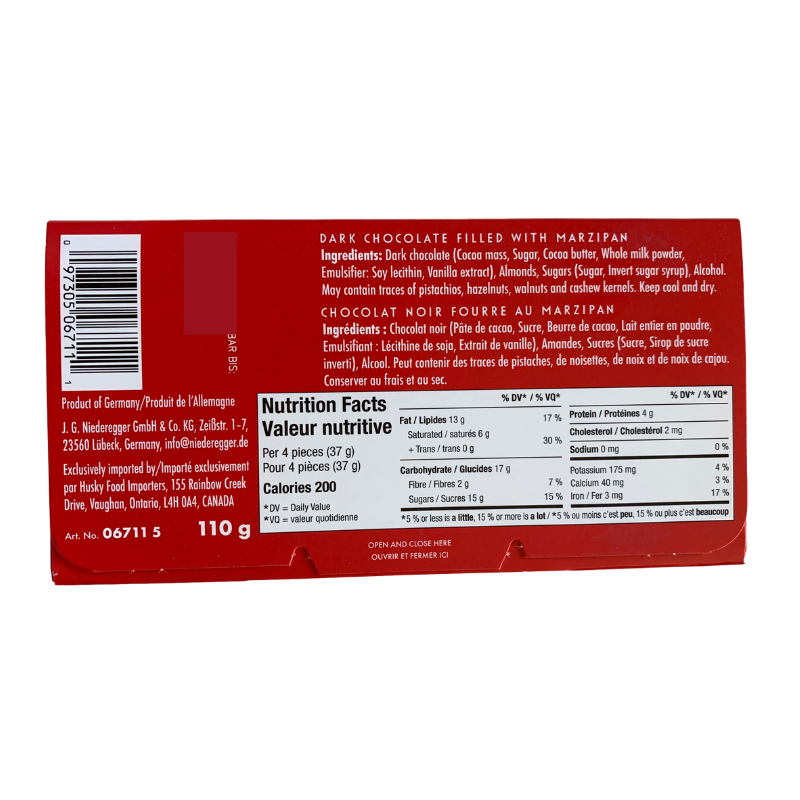 Niederegger Lübeck Marzipan Bar in Dark Chocolate made with authentic Lübeck marzipan and imported from Germany.