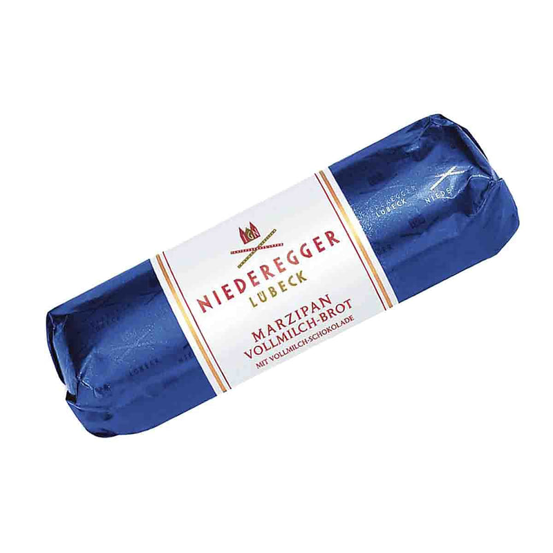 Niederegger Lübeck Marzipan Loaf in Milk Chocolate (Marzipan Brot), 125 g, wrapped in signature blue foil and imported from Germany.