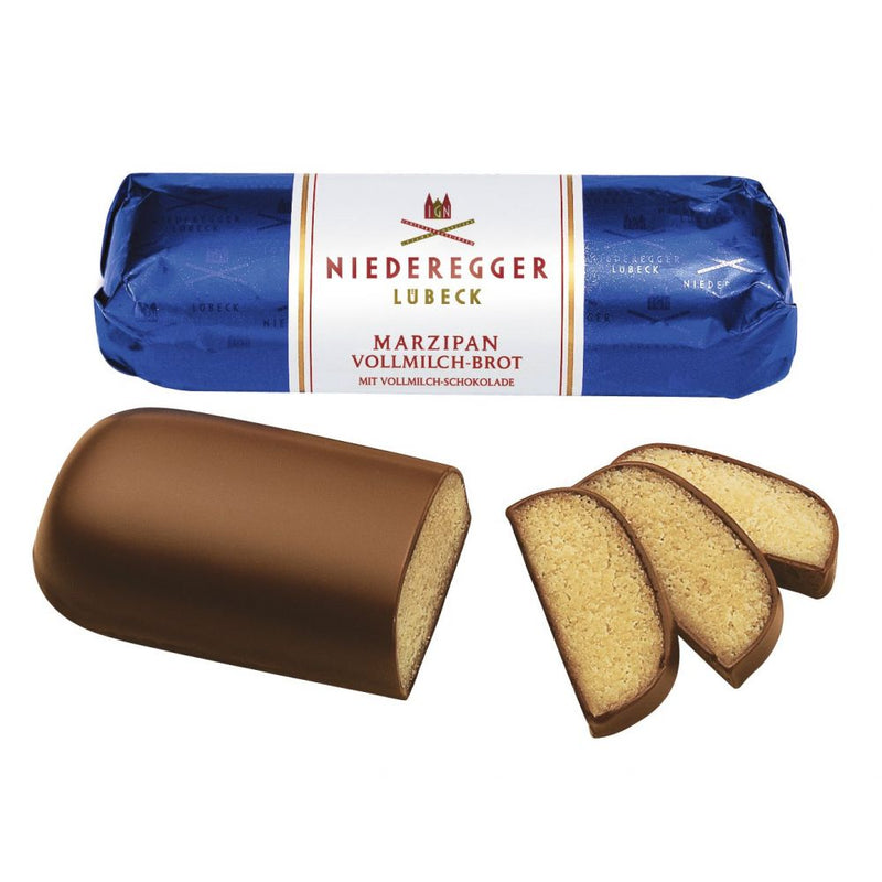 Niederegger Lübeck Marzipan Loaf in Milk Chocolate (Marzipan Brot), 125 g, wrapped in signature blue foil and imported from Germany.