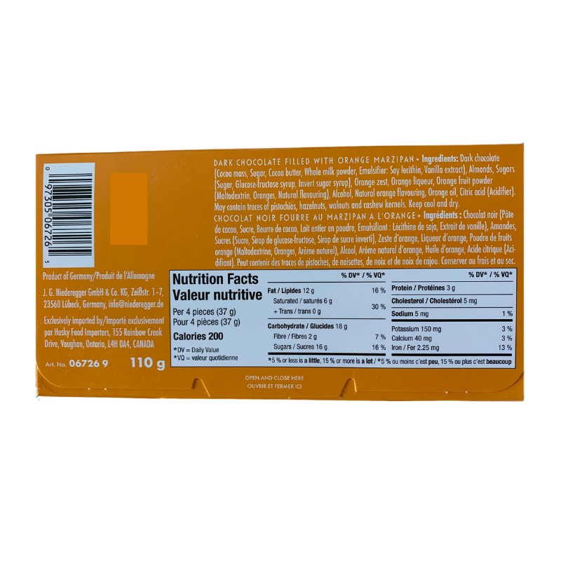 Niederegger Orange Lübeck Marzipan Bar in Dark Chocolate made with authentic Lübeck marzipan and imported from Germany.