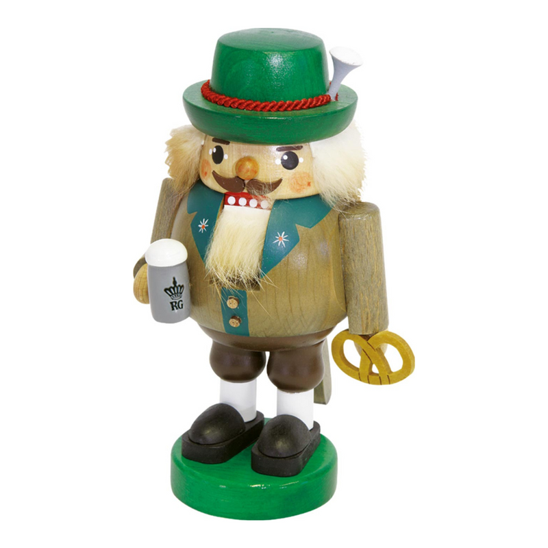 Handcrafted Richard Glässer Bavarian German nutcracker holding a beer stein and pretzel, made in Seiffen, Germany.RG12694