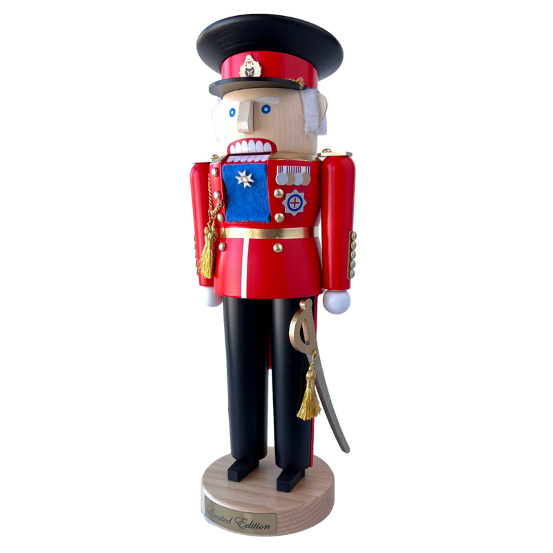Handcrafted Richard Glässer German nutcracker depicting King Charles III, made in Seiffen, Germany.