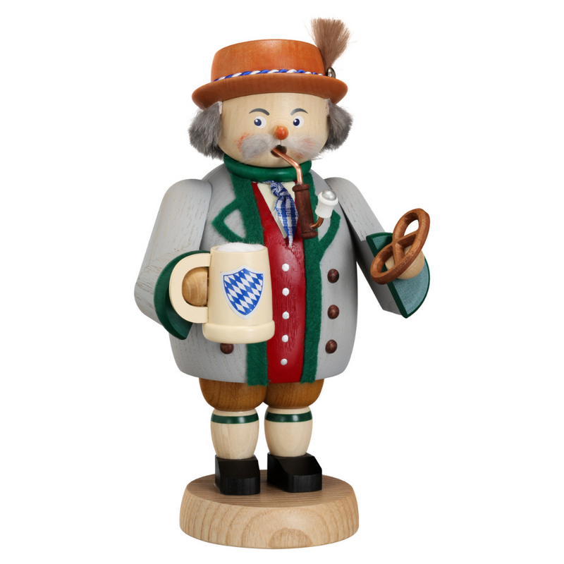 Handcrafted Seiffener Volkskunst Bavarian incense smoker wearing traditional Tracht, holding a pretzel and beer stein, made in Seiffen, Germany.