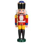 Handcrafted Seiffener Volkskunst Red King German nutcracker with a golden crown, royal sceptre and faux fur beard, 29 cm.