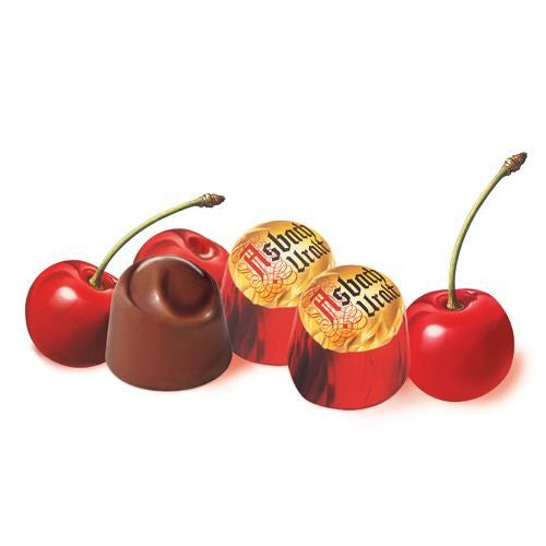 Asbach German Brandy Cherries in Dark Chocolate gift box with 16 liquor-filled chocolate cherries imported from Germany.