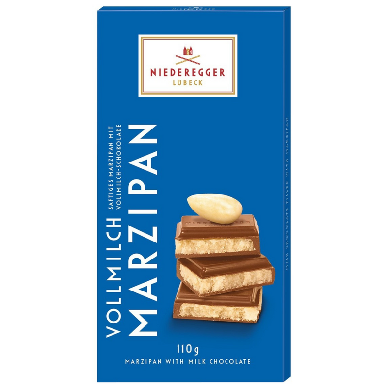 Niederegger Lübeck Marzipan Bar in Milk Chocolate made with authentic Lübeck marzipan and imported from Germany.