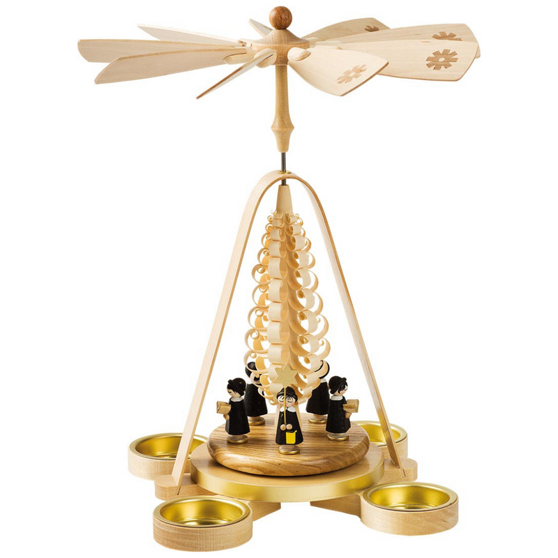 Handcrafted Richard Glässer German Christmas pyramid featuring traditional carolers gathered around a Spanbaum, made in Seiffen, Germany.