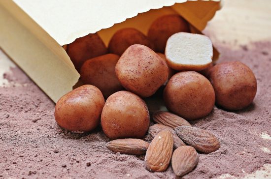 Schluckwerder German Marzipan Potatoes (Marzipankartoffeln), bite-sized marzipan sweets dusted with cocoa powder.