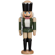 Handcrafted Seiffener Volkskunst Green King German nutcracker with a golden crown, silver sceptre and faux fur beard, made in Seiffen, Germany.