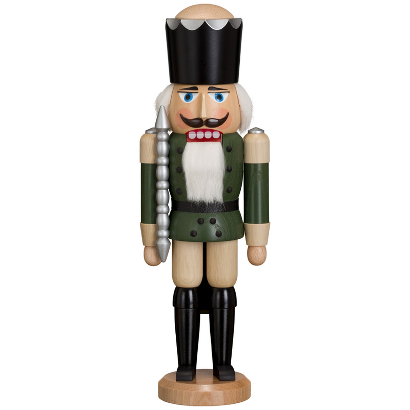 Handcrafted Seiffener Volkskunst Green King German nutcracker with a golden crown, silver sceptre and faux fur beard, made in Seiffen, Germany.