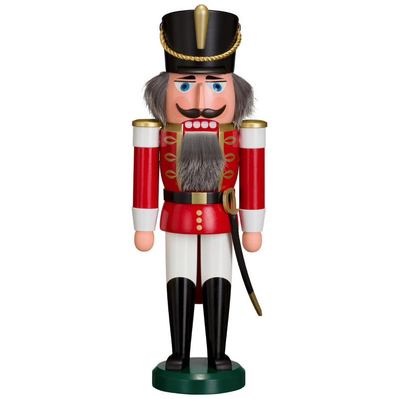 Handcrafted Seiffener Volkskunst Red Hussar German nutcracker with a braided helmet, ceremonial sword and faux fur beard, made in Seiffen, Germany.