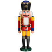 Handcrafted Seiffener Volkskunst Red King German nutcracker with a golden crown, royal sceptre and faux fur beard, made in Seiffen, Germany.