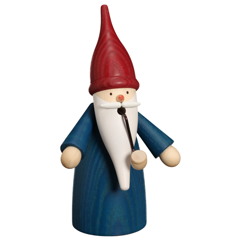 Handcrafted Seiffener Volkskunst Blue Gnome incense smoker with a blue coat, red hat and white beard, made in Seiffen, Germany.