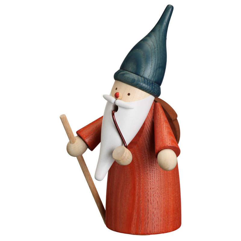 Handcrafted Seiffener Volkskunst Hiker Gnome incense smoker with a walking stick, backpack, blue-purple hat and red-brown coat, made in Seiffen, Germany.