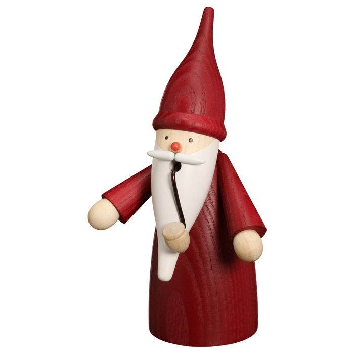 Handcrafted Seiffener Volkskunst Red Gnome incense smoker with a tall red hat, white beard and traditional pipe, made in Seiffen, Germany.