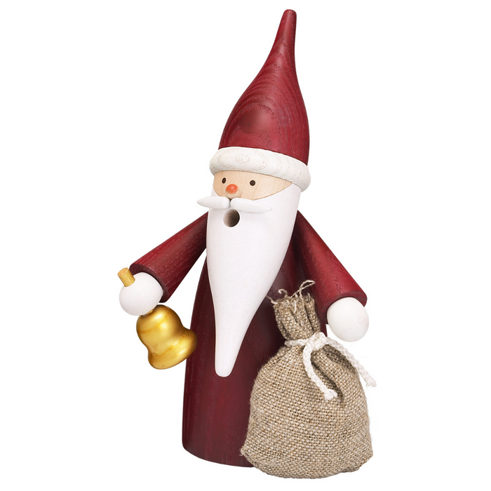 Handcrafted Seiffener Volkskunst Santa Claus Gnome incense smoker wearing a red and white outfit, holding a bell and a gift sack, made in Seiffen, Germany.