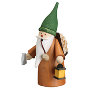 Handcrafted Seiffener Volkskunst Wood Gatherer Gnome incense smoker with a green hat, lantern, firewood backpack and small axe, made in Seiffen, Germany.
