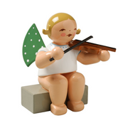 Wendt & Kühn Grünhainichen Angel with Violin, Sitting, handcrafted wooden angel figurine with green wings and eleven white dots, made in Germany 650/2a