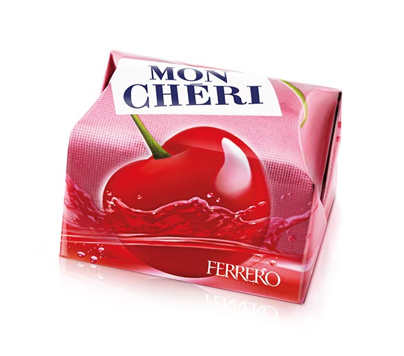 Ferrero Mon Chéri dark chocolate pralines filled with whole cherries and cherry liqueur, 15-piece gift box.