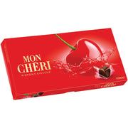Ferrero Mon Chéri dark chocolate pralines filled with whole cherries and cherry liqueur, 15-piece gift box.