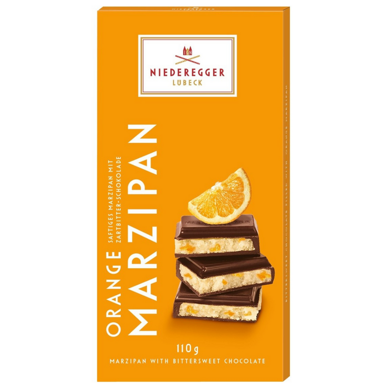 Niederegger Orange Lübeck Marzipan Bar in Dark Chocolate made with authentic Lübeck marzipan and imported from Germany.
