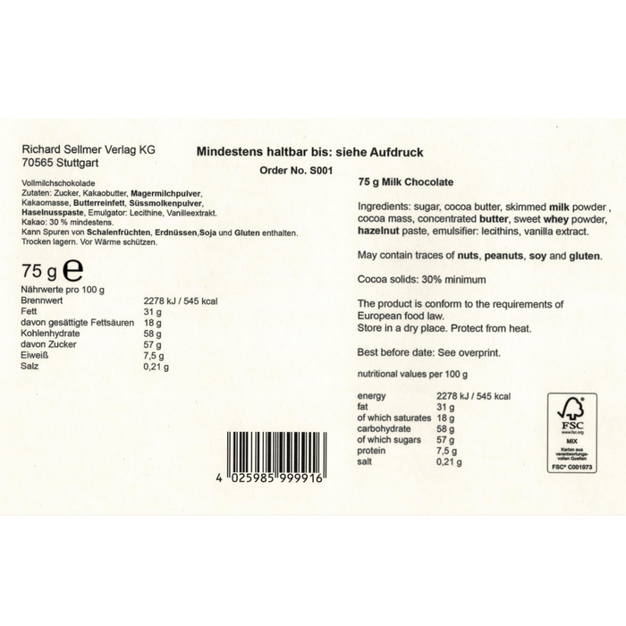 Richard Sellmer Chocolate Advent Calendars - Product Details - Ingredients 