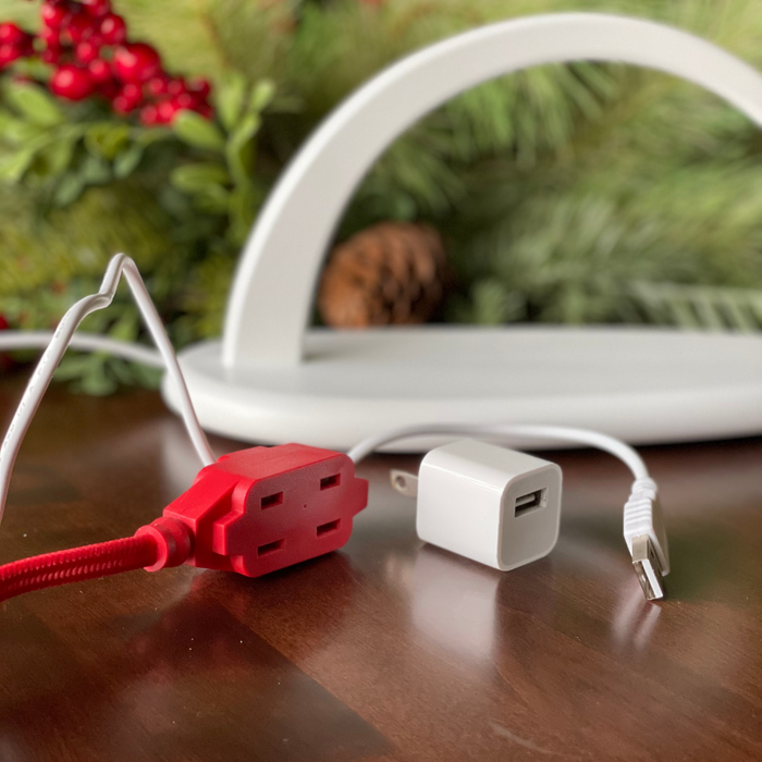 Seiffener Volkskunst Modern Light Arch wit USB shown with USB cord and charger