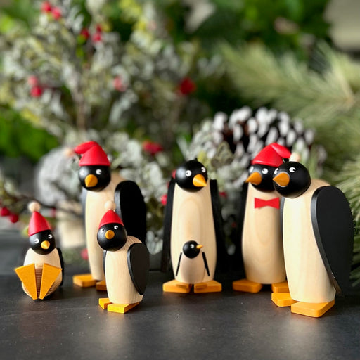 Gingerbread World Drechslerei Martins German Handcrafted Wood Penguin Figures - Standing with Santa Hat - 631-1
