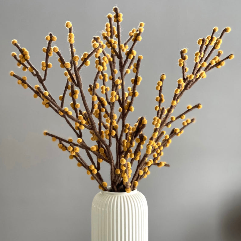 Gingerbread World European Market - Gry and Sif Felted Wool Berry Branch - Yellow Berries on Brown Branch 17921