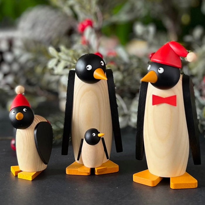 Gingerbread World Drechslerei Martins German Handcrafted Wood Penguin Figures - Standing with Santa Hat and Bow Tie - 630-1