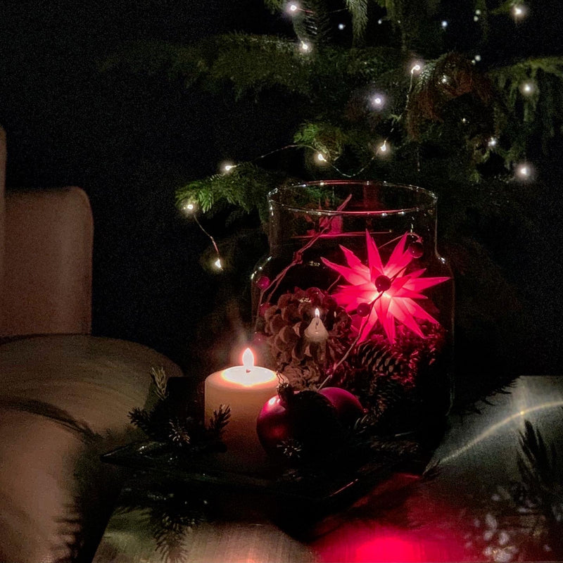 European Ware Haus by Gingerbread World Herrnhuter Stars Canada Small Star Red displayed in glass jar with pine cones